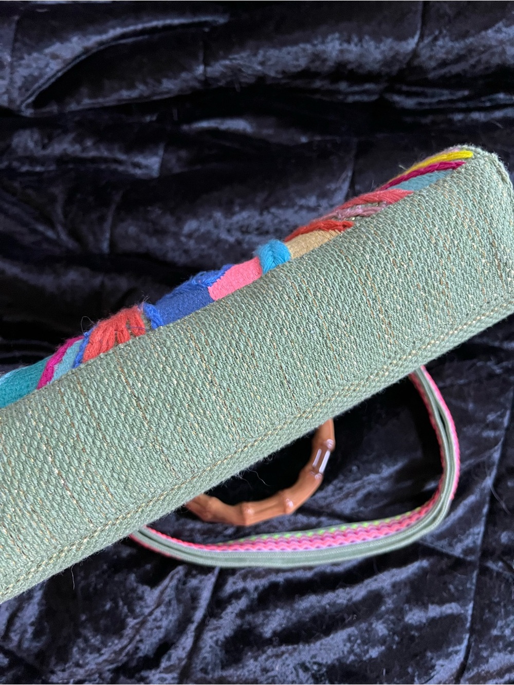 Embroidered Eye Satchel with Bamboo Handle - Green Multicolor - Picture 5 of 6